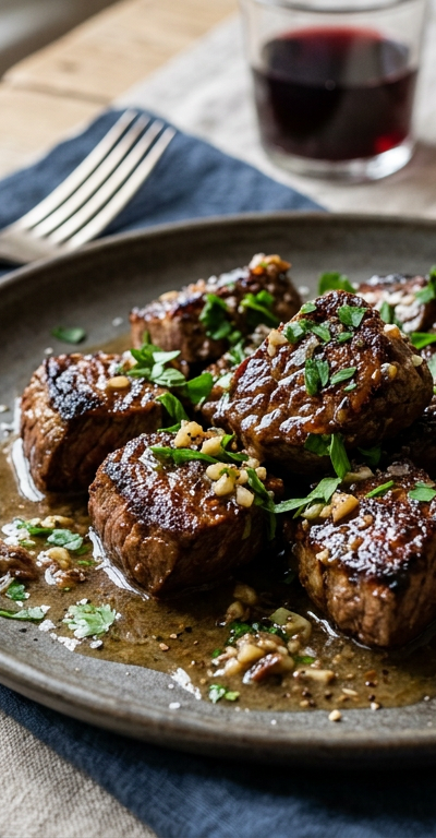 Seared Steak Tips with Garlic-Anchovy Butter Sauce