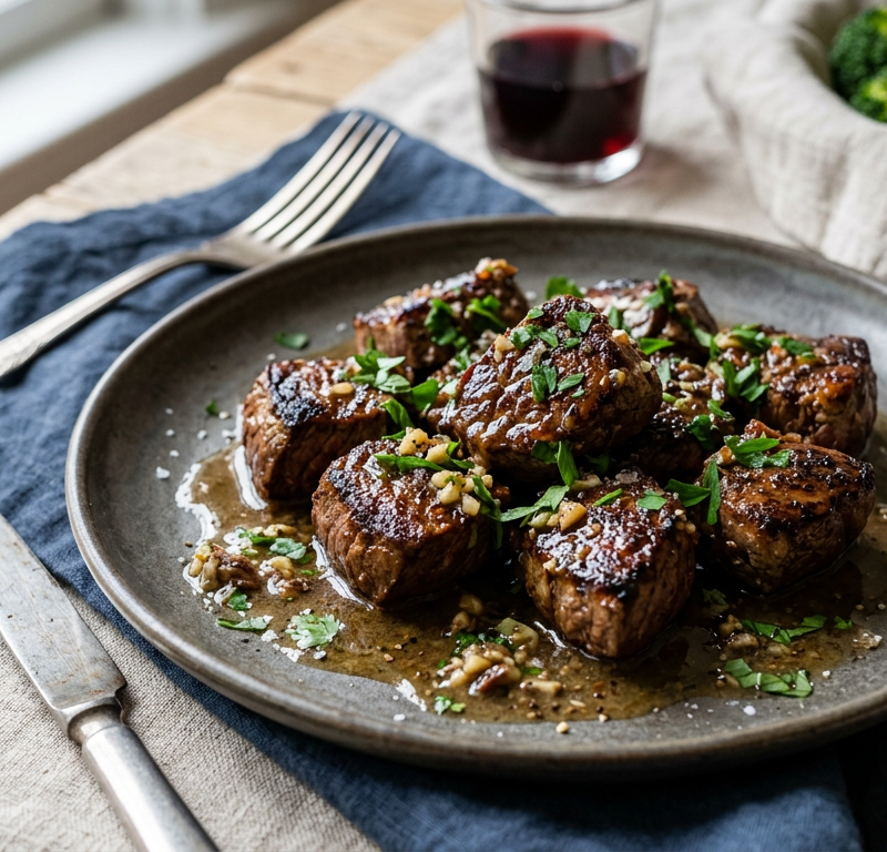 Seared Steak Tips with Garlic-Anchovy Butter Sauce