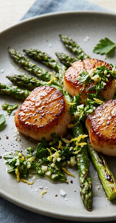 Seared Scallops with Charred Asparagus & Gremolata
