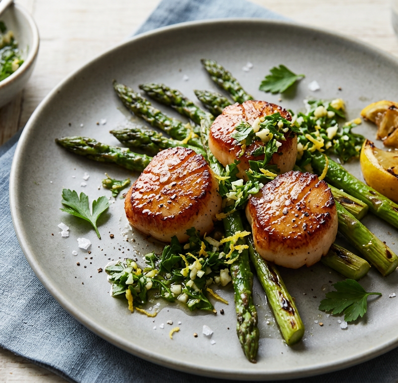 Seared Scallops with Charred Asparagus & Gremolata