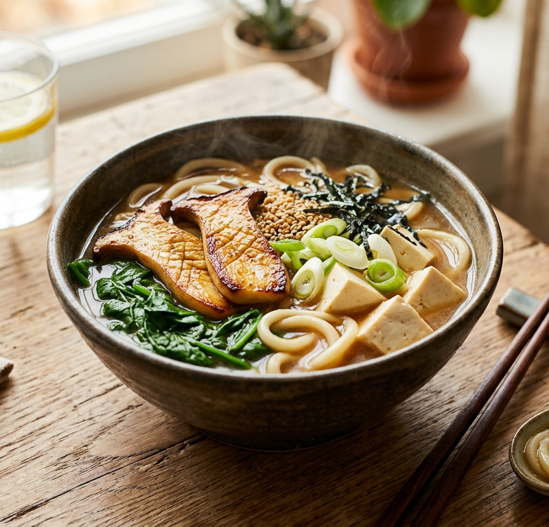 Miso-Udon Mushroom Noodle Soup with Wilted Spinach