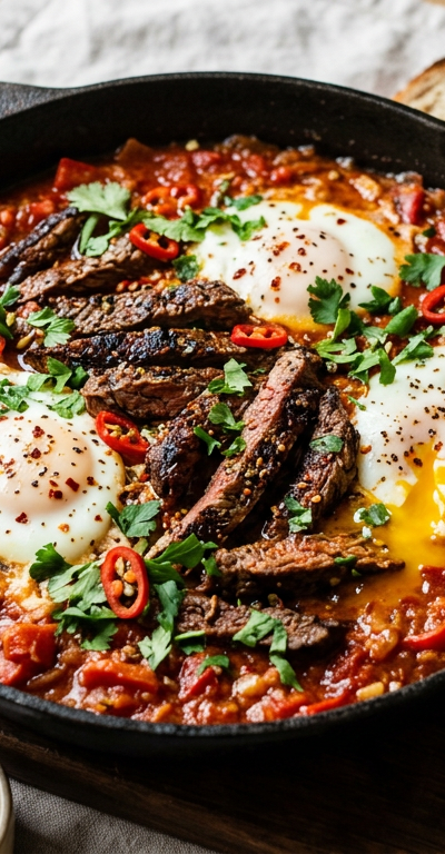 Spicy Garlic Shakshuka-Style Steak and Egg Skillet