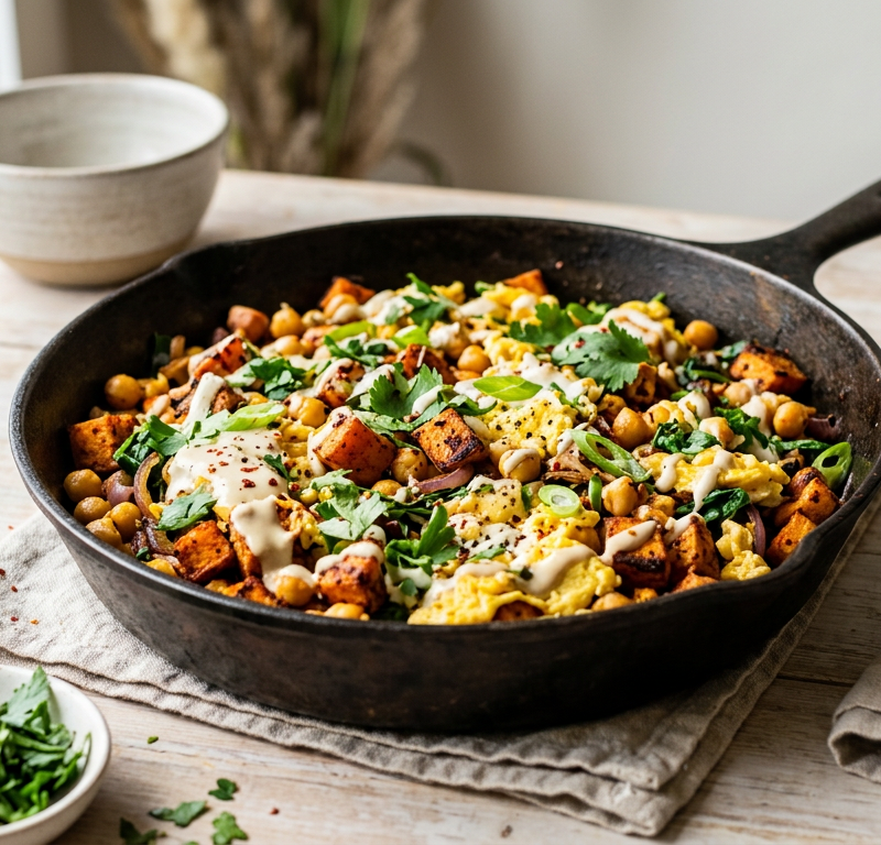 Harissa Chickpea Breakfast Scramble with Sweet Potato Hash