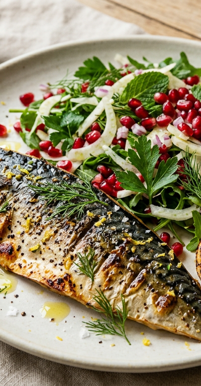 Charred Lemon-Pepper Mackerel with Pomegranate Herb Salad