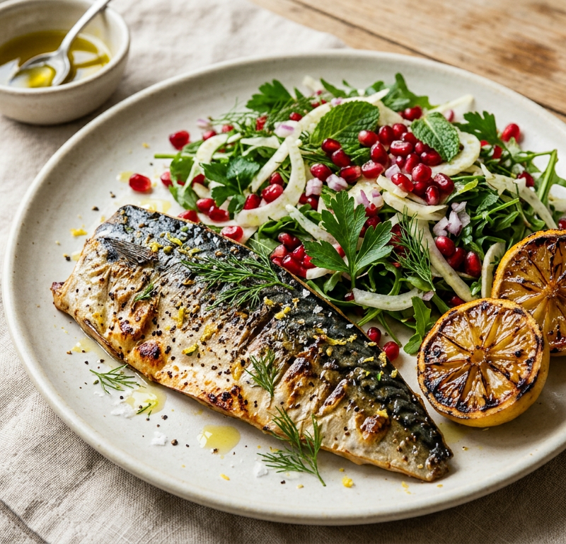 Charred Lemon-Pepper Mackerel with Pomegranate Herb Salad