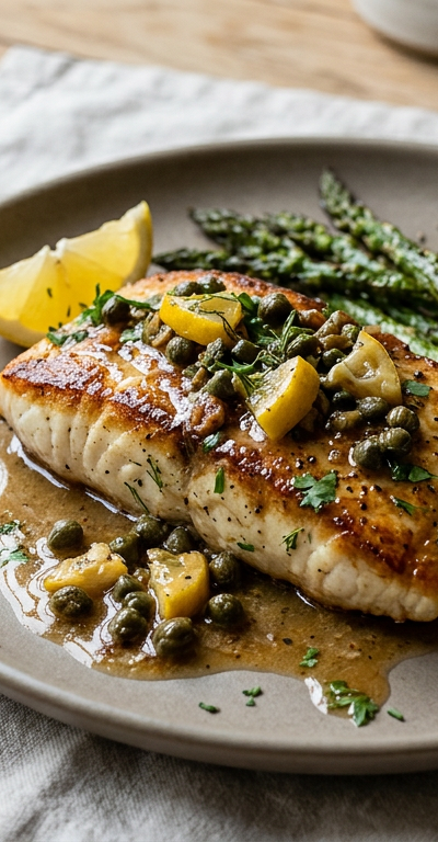 Seared Halibut with Brown Butter Capers & Lemon