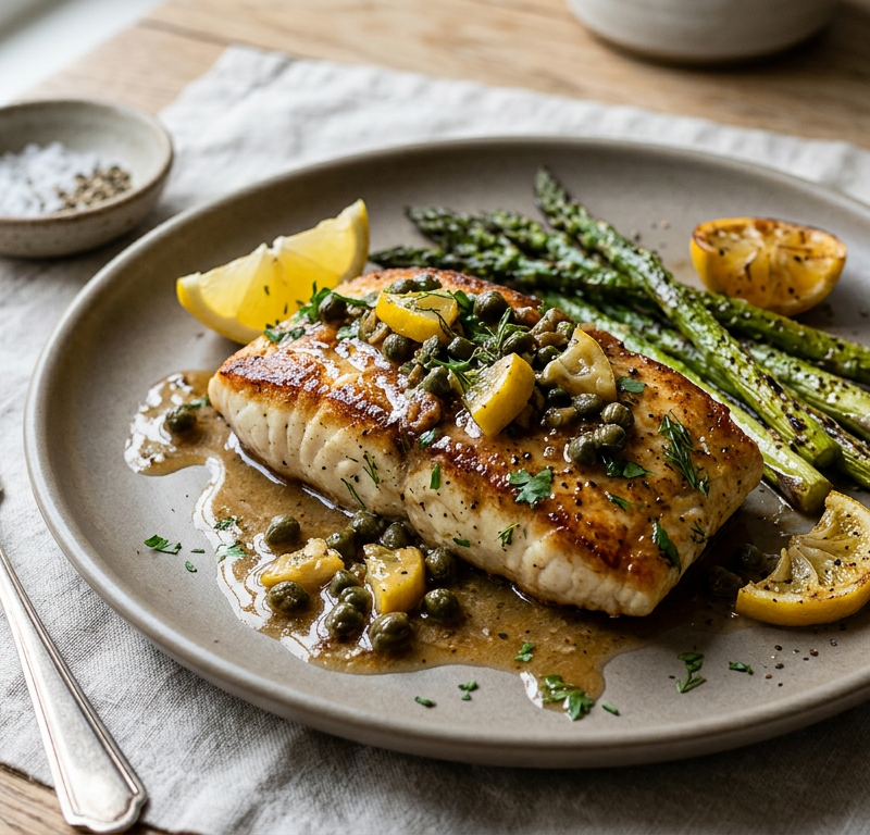 Seared Halibut with Brown Butter Capers & Lemon