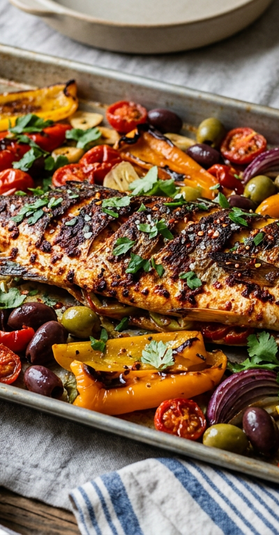 Sheet-Pan Harissa Branzino with Roasted Peppers and Olives