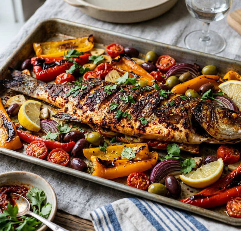 Sheet-Pan Harissa Branzino with Roasted Peppers and Olives