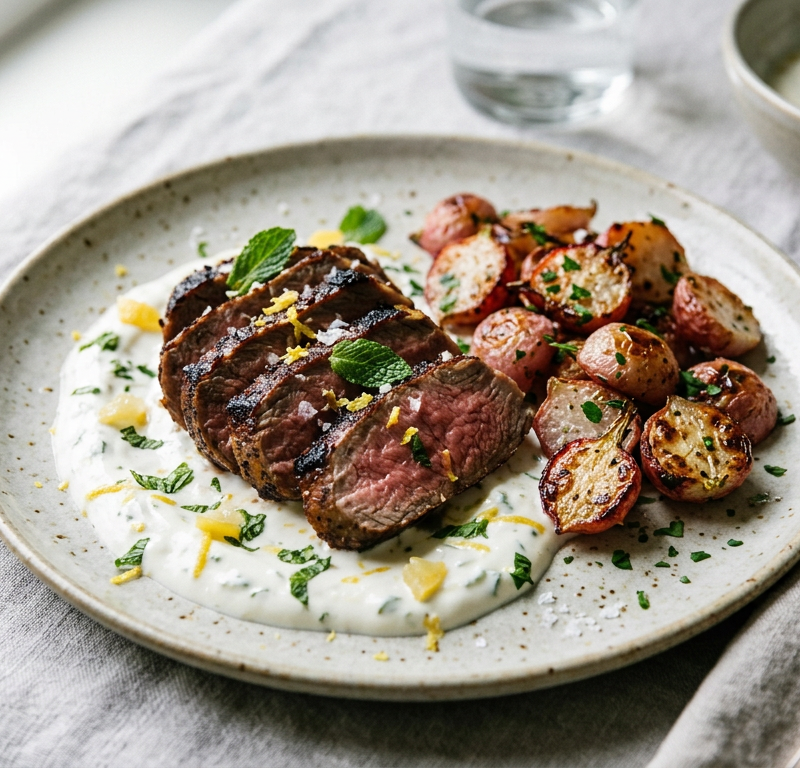 Seared Lamb Loin with Preserved Lemon-Mint Yogurt