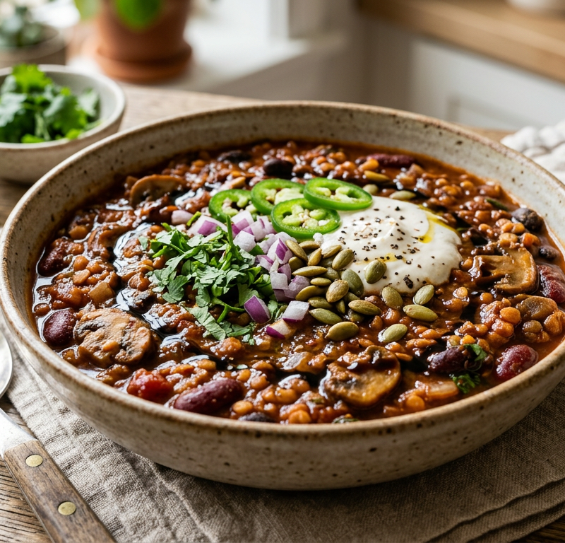 Mushroom-Umami Lentil Chili with Toasted Spice Bloom