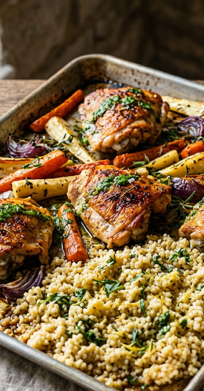 Sheet-Pan Chicken Thighs with Millet and Roasted Root Vegetables