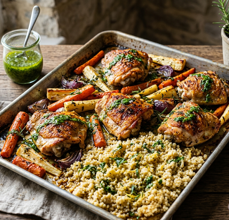 Sheet-Pan Chicken Thighs with Millet and Roasted Root Vegetables