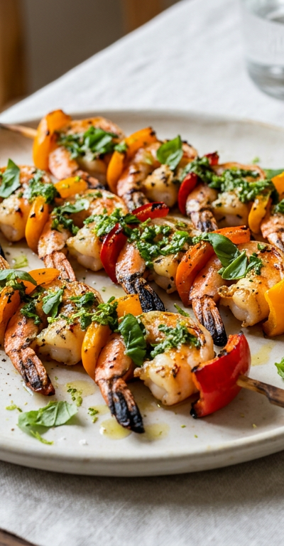 Grilled Shrimp and Bell Pepper Skewers with Basil-Lime Oil