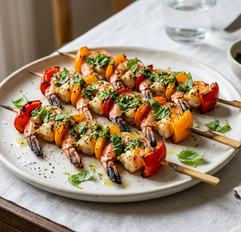 Grilled Shrimp and Bell Pepper Skewers with Basil-Lime Oil