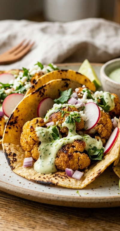 Roasted Cauliflower Tacos with Lime Crema