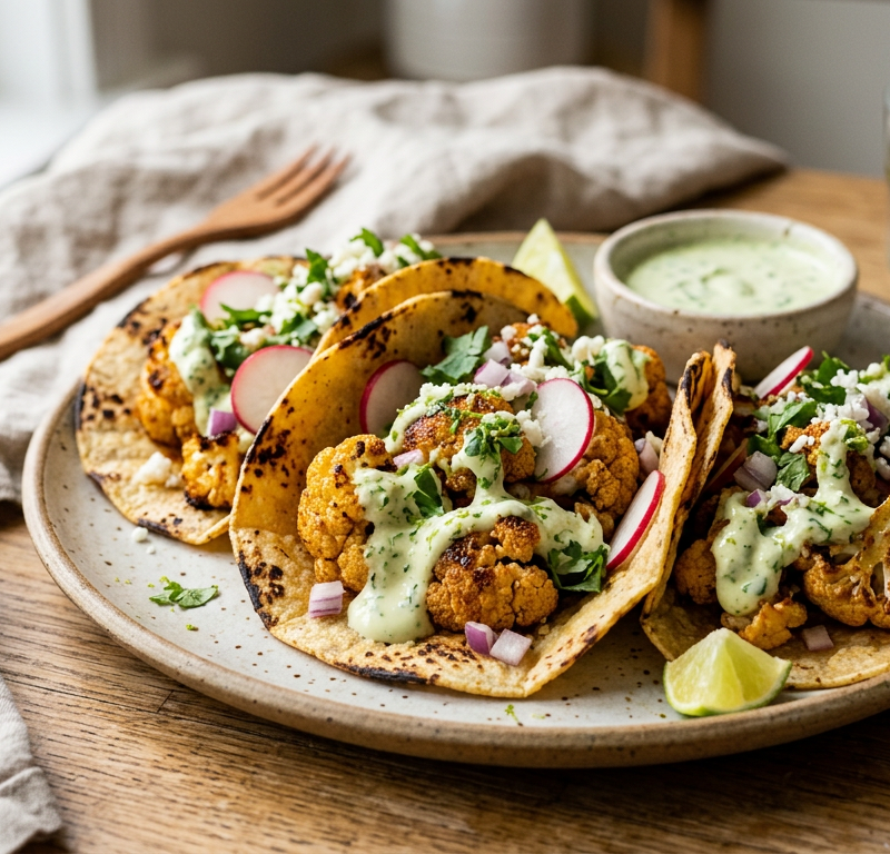 Roasted Cauliflower Tacos with Lime Crema