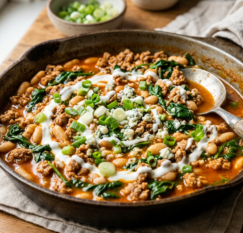 Buffalo Spiced Turkey & White Bean Skillet