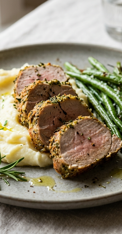 Herb-Crusted Pork Tenderloin with Mashed Potatoes and Roasted Green Beans