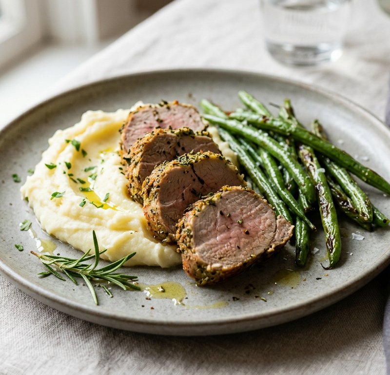 Herb-Crusted Pork Tenderloin with Mashed Potatoes and Roasted Green Beans