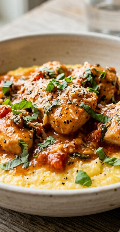 Creamy Tomato Basil Chicken over Polenta