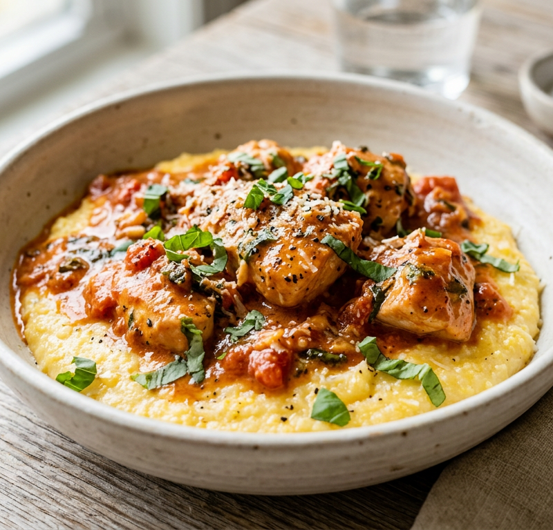 Creamy Tomato Basil Chicken over Polenta