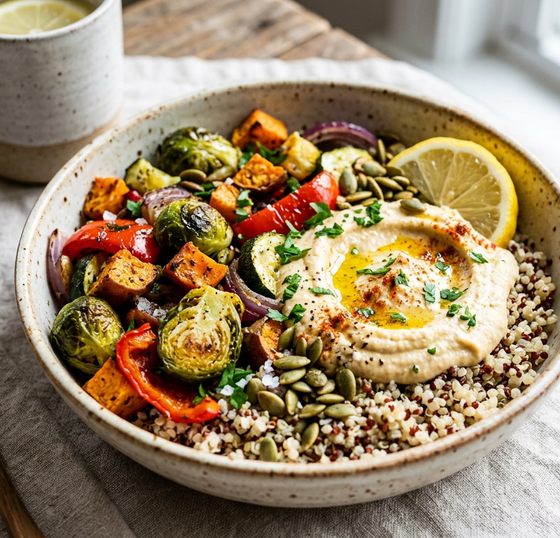 Roasted Veggie & Hummus Quinoa Bowls