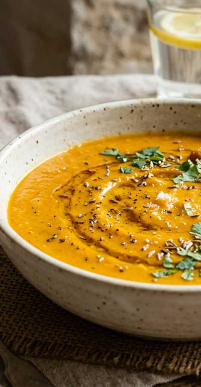 Spiced Carrot and Chickpea Soup with Toasted Cumin Oil