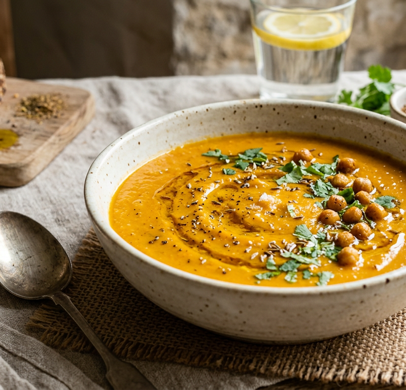 Spiced Carrot and Chickpea Soup with Toasted Cumin Oil