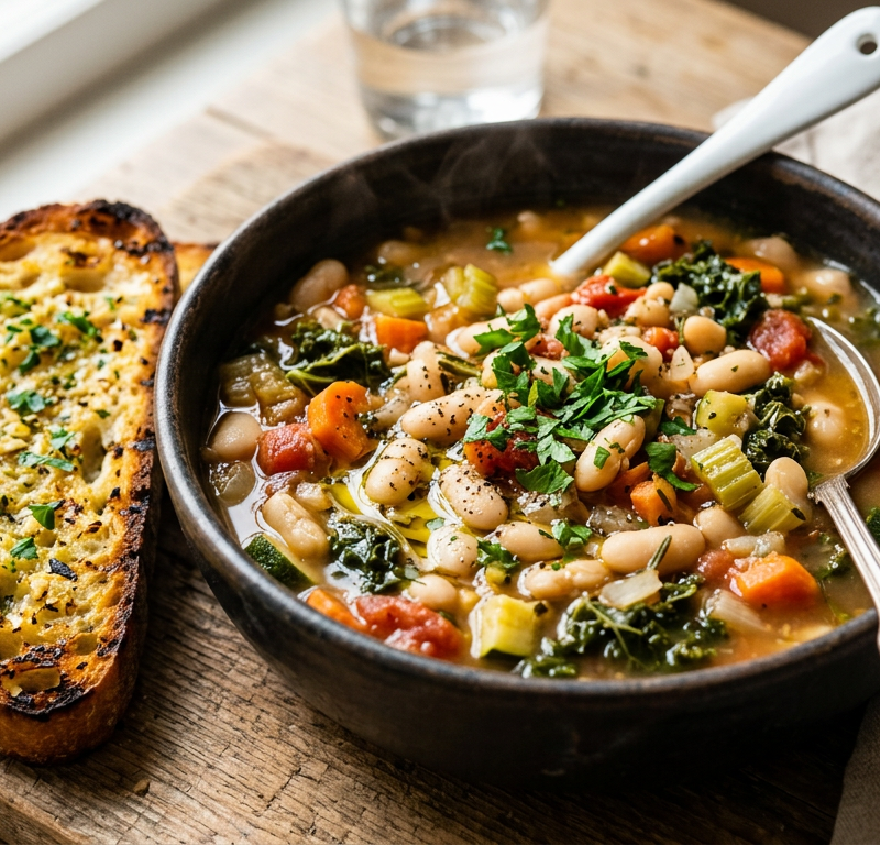 Rustic White Bean & Vegetable Stew with Garlic Toast