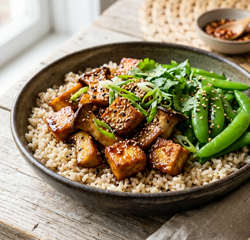 Crispy Sesame Tofu & Mushroom Rice Bowl with Sweet Soy Glaze