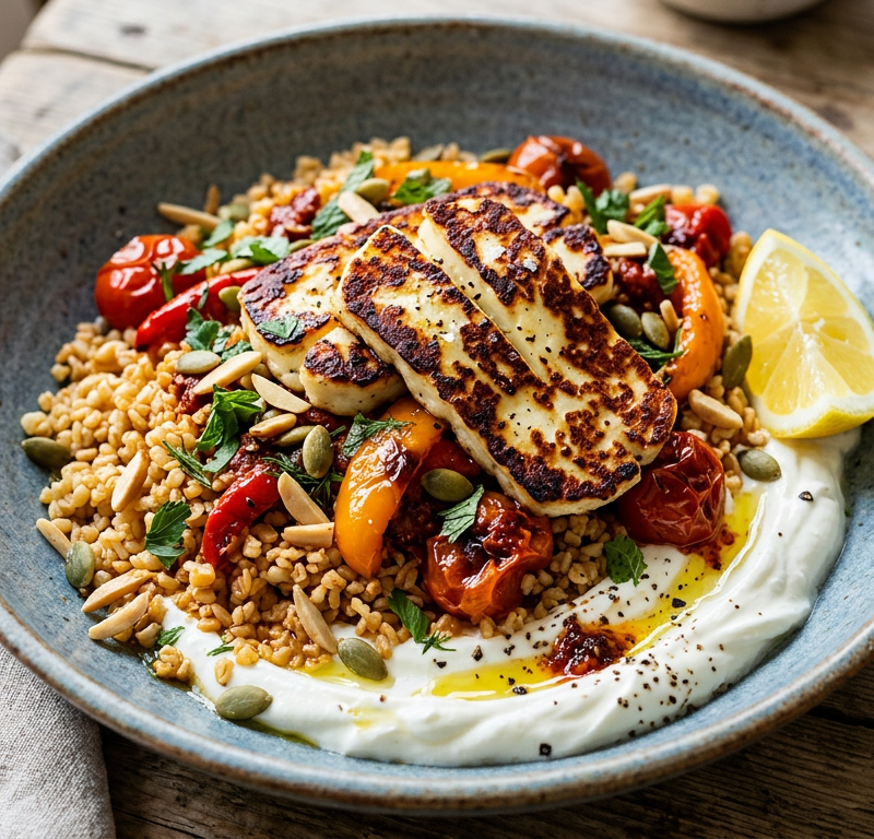 Harissa Halloumi and Roasted Pepper Grain Bowl with Whipped Yogurt
