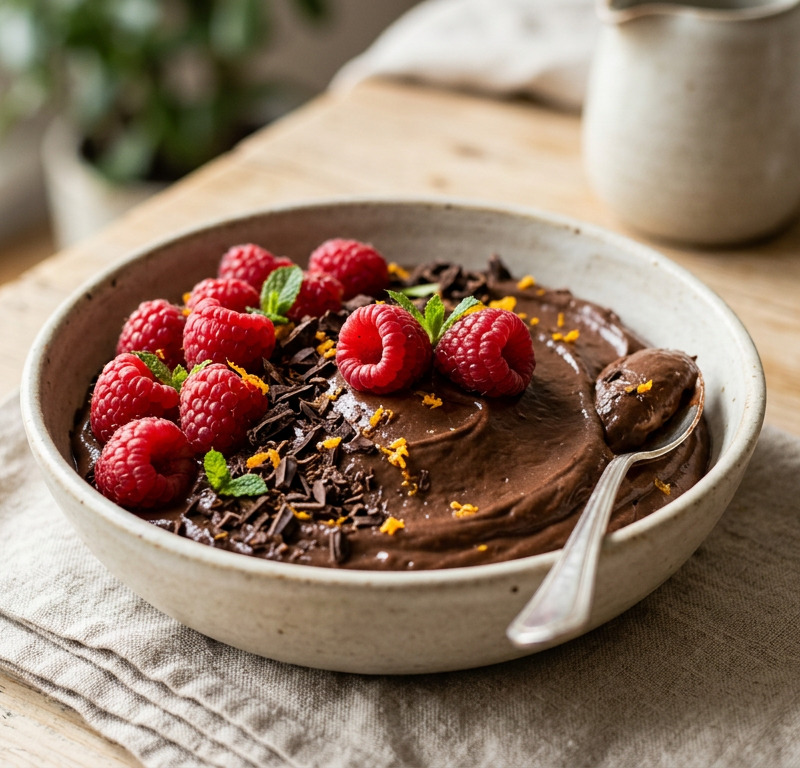 Chocolate Avocado Mousse with Raspberries