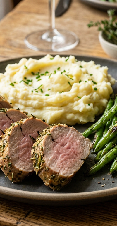 Herb-Crusted Pork Tenderloin with Mashed Potatoes and Roasted Green Beans