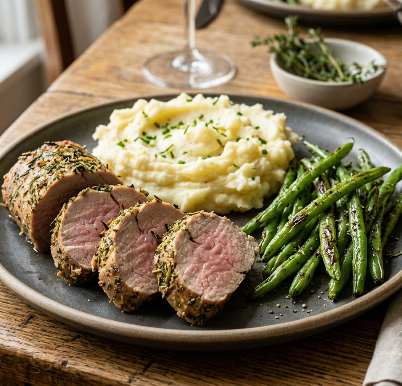 Herb-Crusted Pork Tenderloin with Mashed Potatoes and Roasted Green Beans