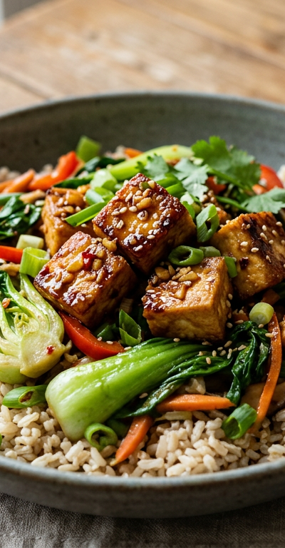 Ginger-Garlic Tofu Stir-Fry with Bok Choy and Brown Rice