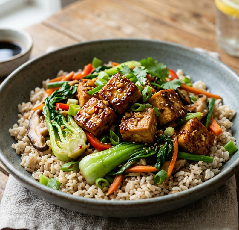 Ginger-Garlic Tofu Stir-Fry with Bok Choy and Brown Rice