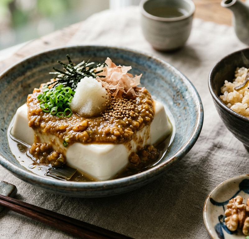 Kombu Dashi Hiyayakko with Toasted Walnut-Miso Sauce
