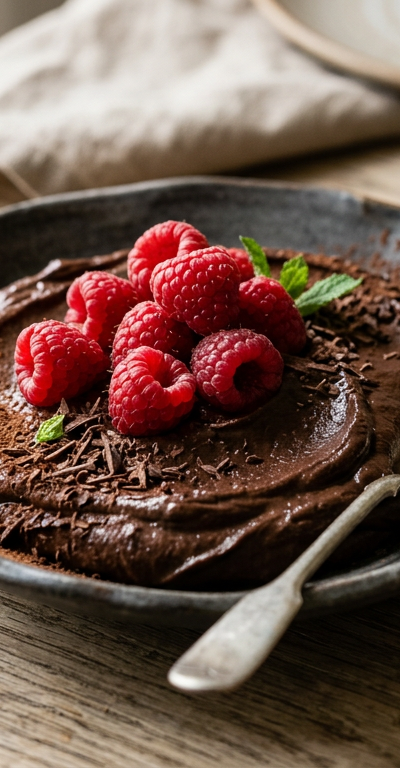 Dark Chocolate Avocado Mousse with Raspberries