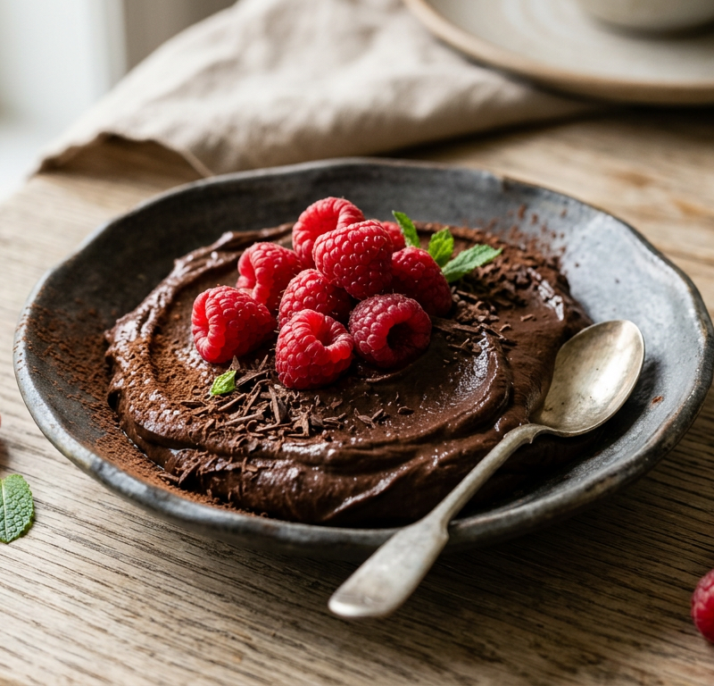 Dark Chocolate Avocado Mousse with Raspberries