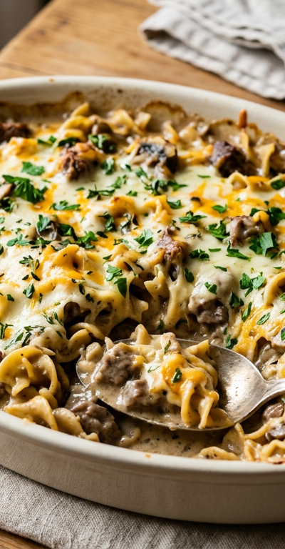 Mild Beef Stroganoff Bake with Gluten-Free Noodles