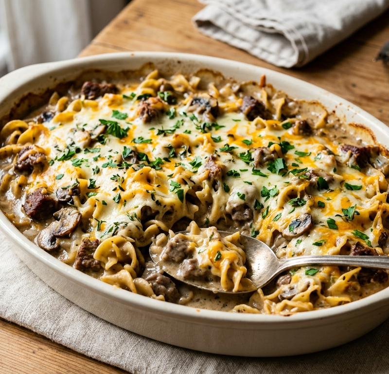 Mild Beef Stroganoff Bake with Gluten-Free Noodles