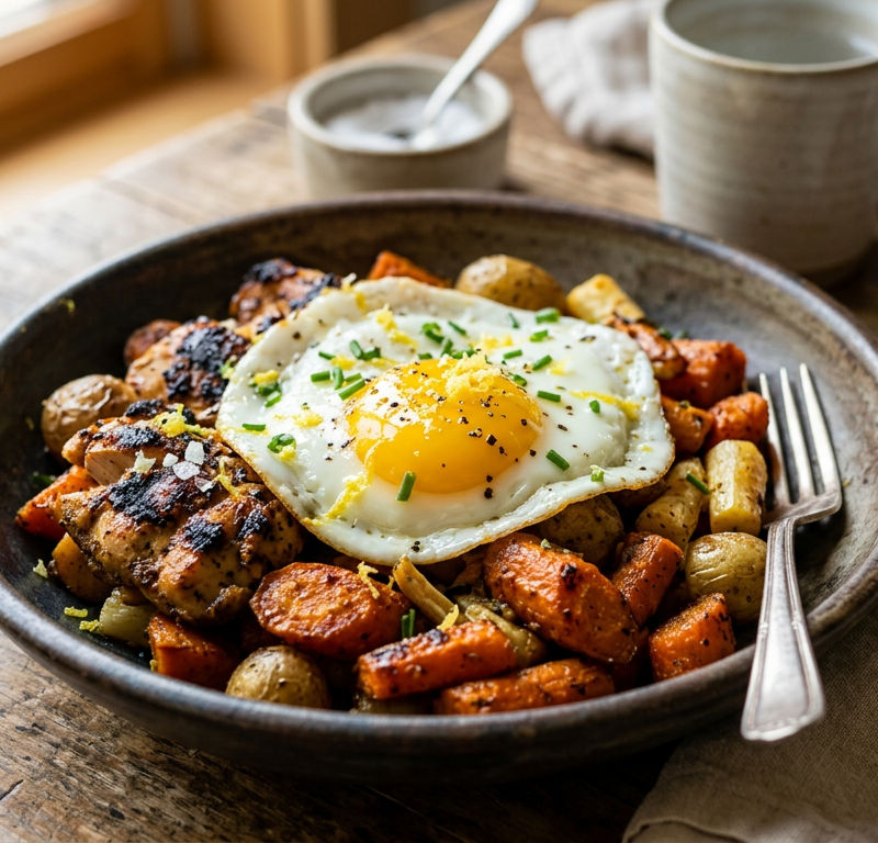 Spiced Grilled Chicken and Carrot Breakfast Hash