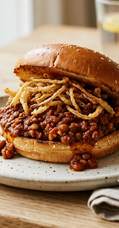 Smoky Vegan Sloppy Joes with Crispy Onion Straws