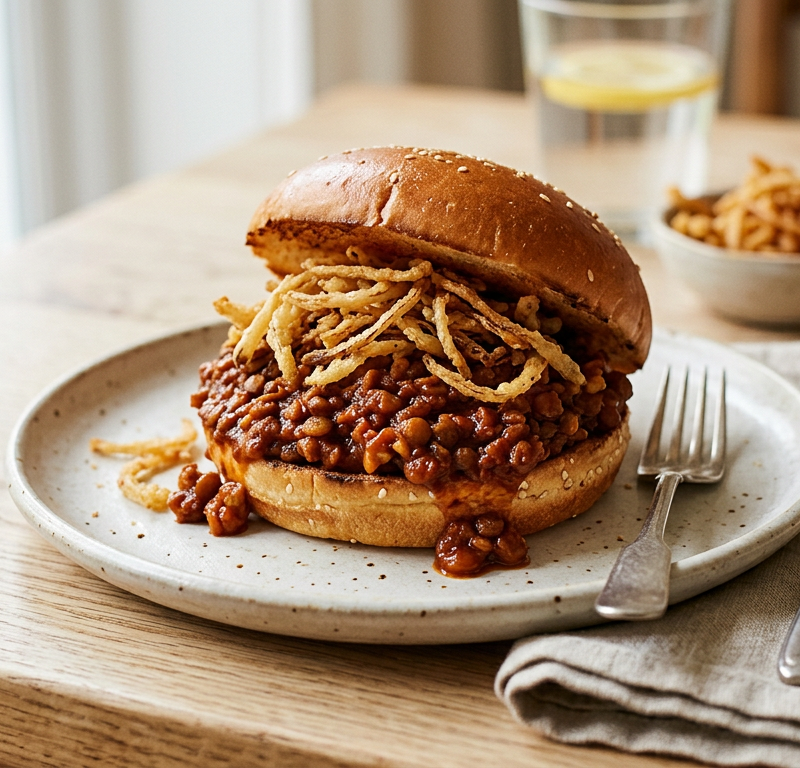 Smoky Vegan Sloppy Joes with Crispy Onion Straws