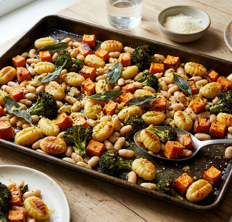 Sweet Potato Gnocchi Sheet Pan with White Beans and Crispy Sage