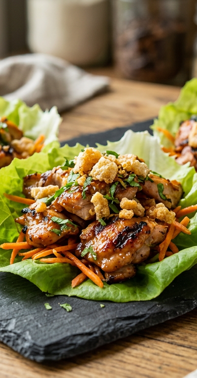 Grilled Chili-Lime Chicken Lettuce Cups with Crispy Rind Crumble
