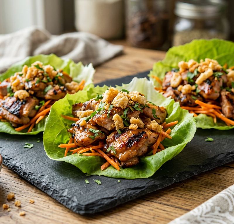 Grilled Chili-Lime Chicken Lettuce Cups with Crispy Rind Crumble