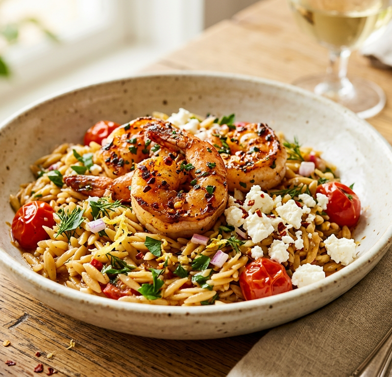 Spicy Garlic Shrimp and Orzo with Feta Crumble