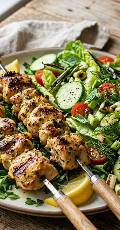 Oregano Chicken Skewers with Charred Scallion-Vinaigrette Salad
